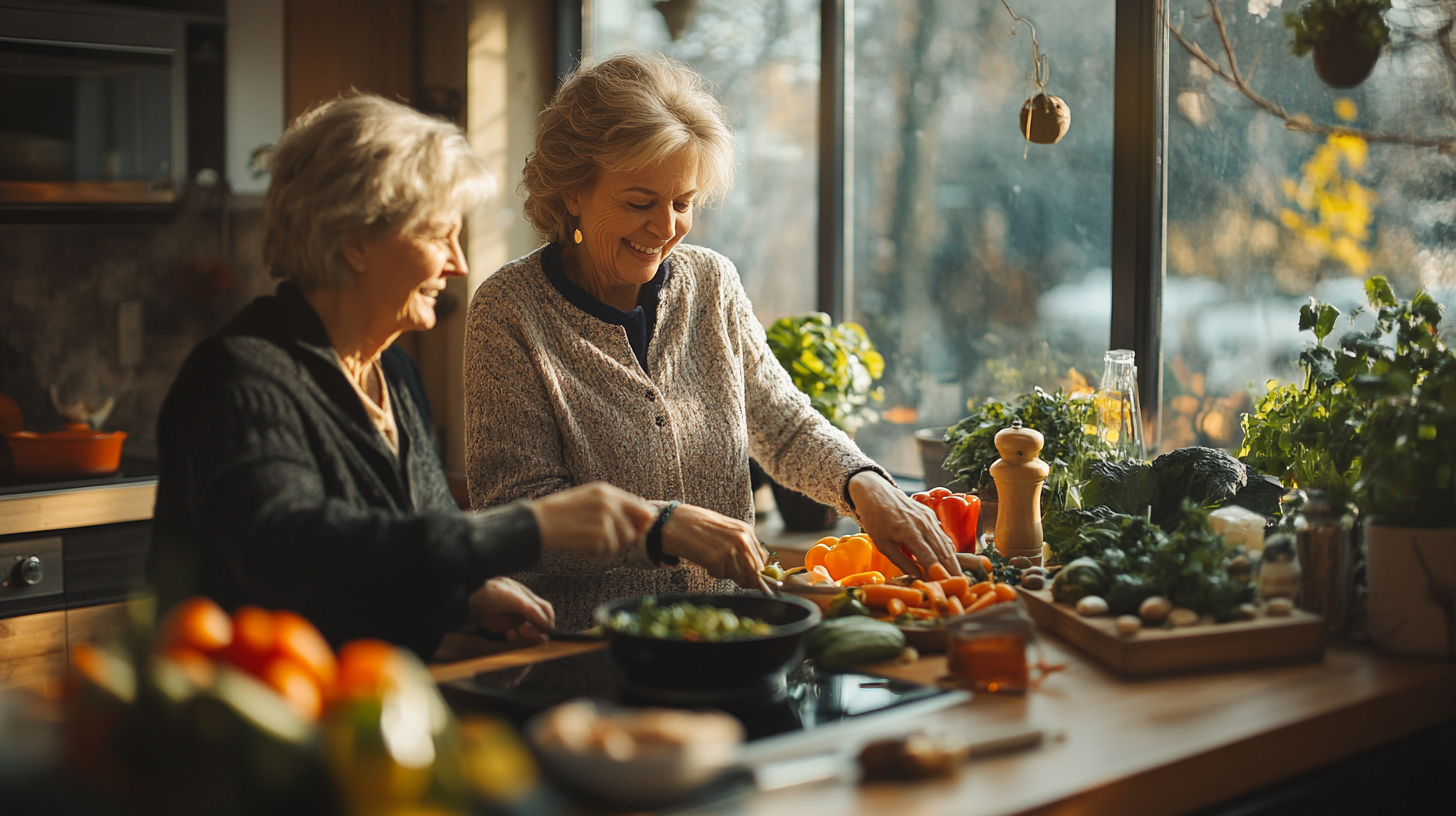 Старші люди готують здорову їжу разом
